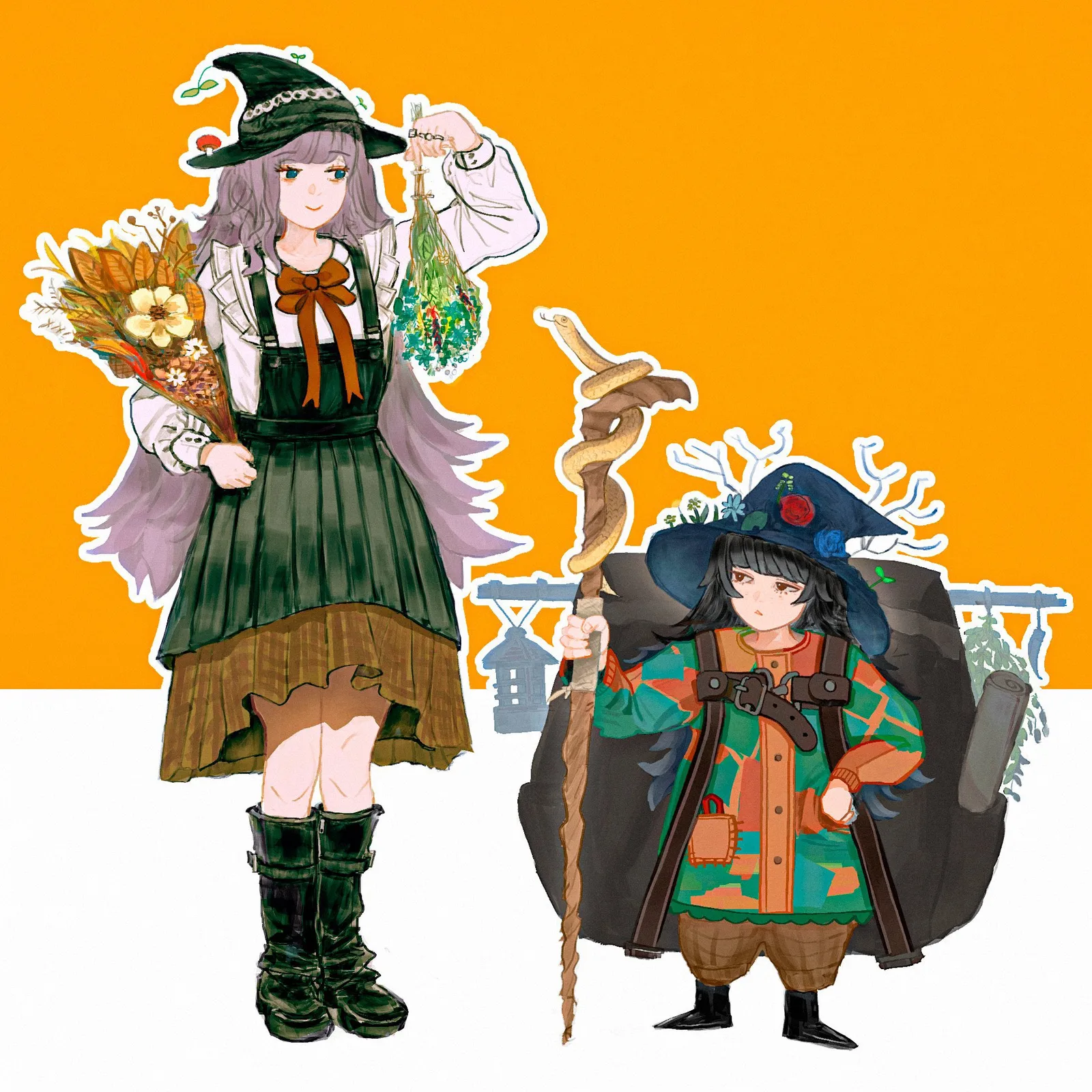 魔女のような服装の少女が二人描かれている。左側には、ドライフラワーのブーケを抱えた長身の少女が。右側には、大きなリュックを背負った小柄な少女がいる。