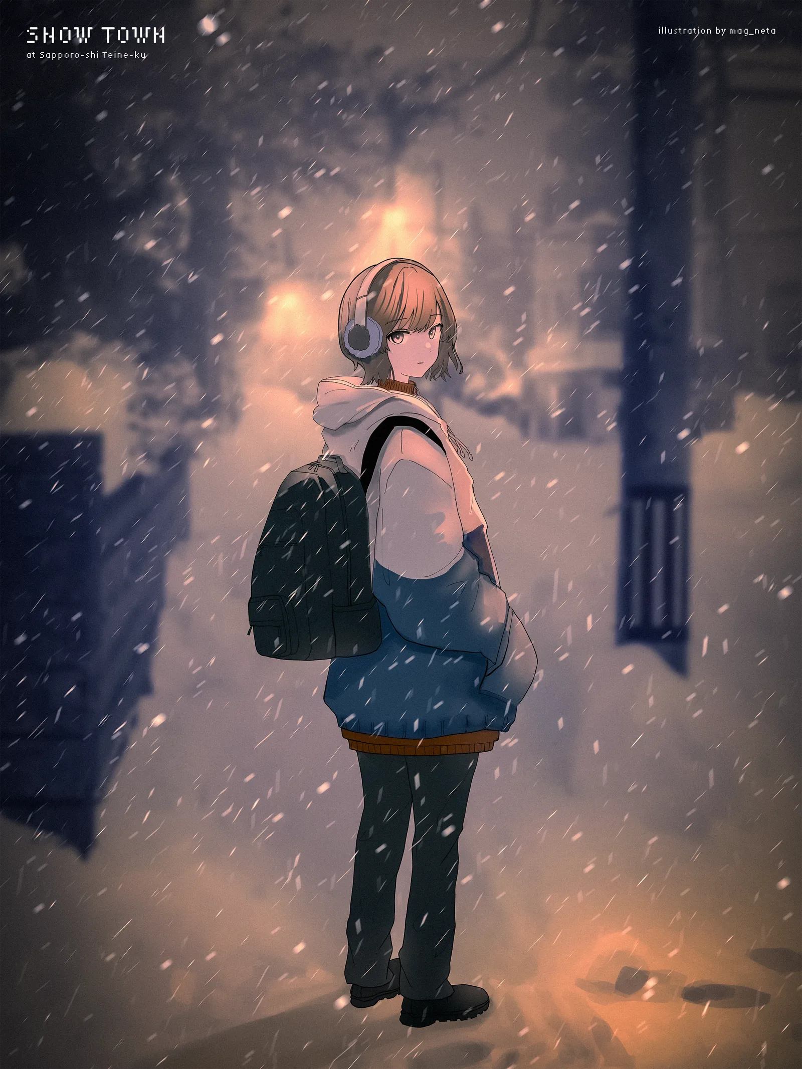 雪の町の絵。中心に描かれている少女がこちらを振り返って見つめている。