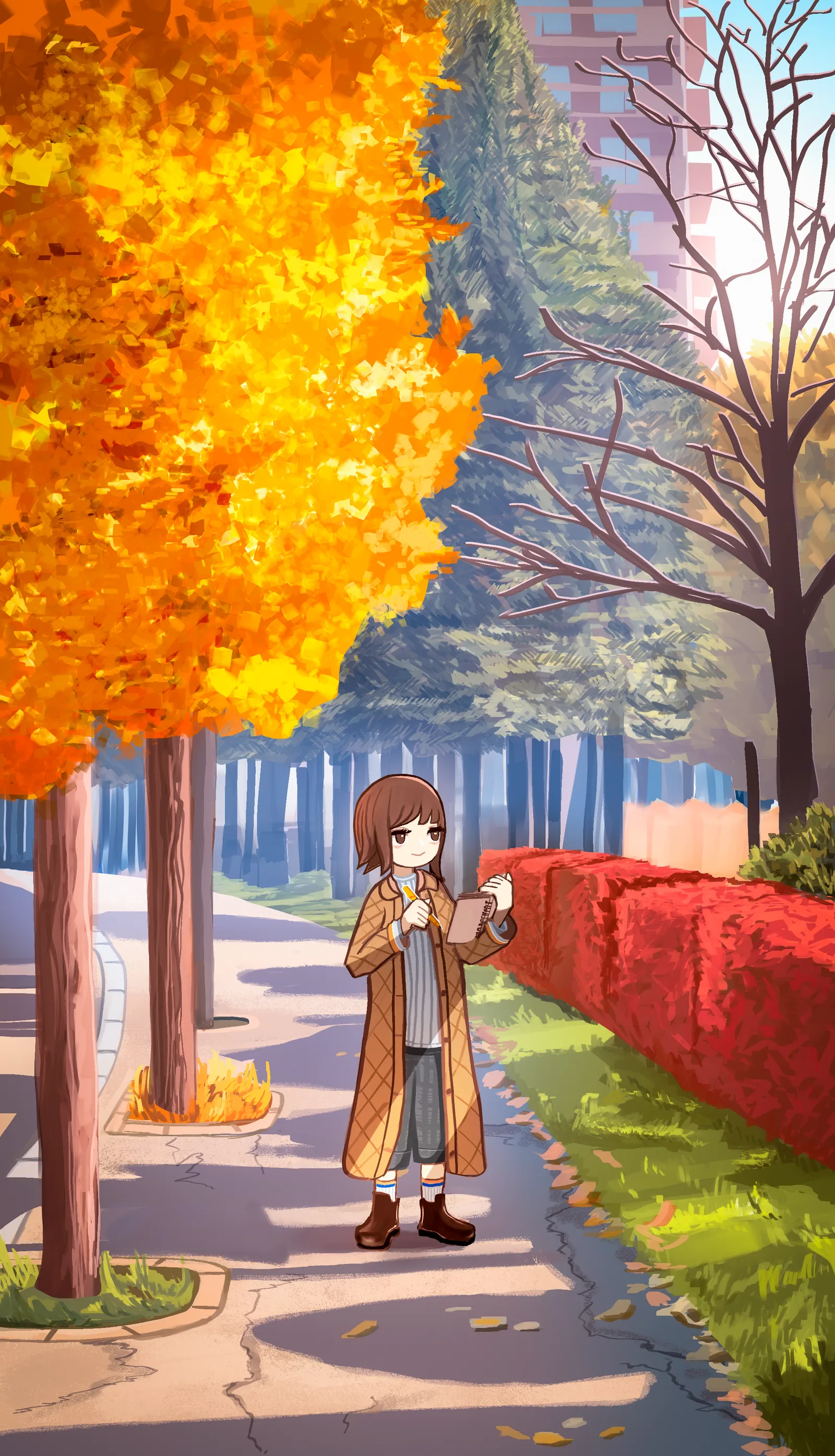 秋の風景を手帳にスケッチしている少女が中心に描かれている絵。色とりどりの紅葉や草花がかわいく描かれています。