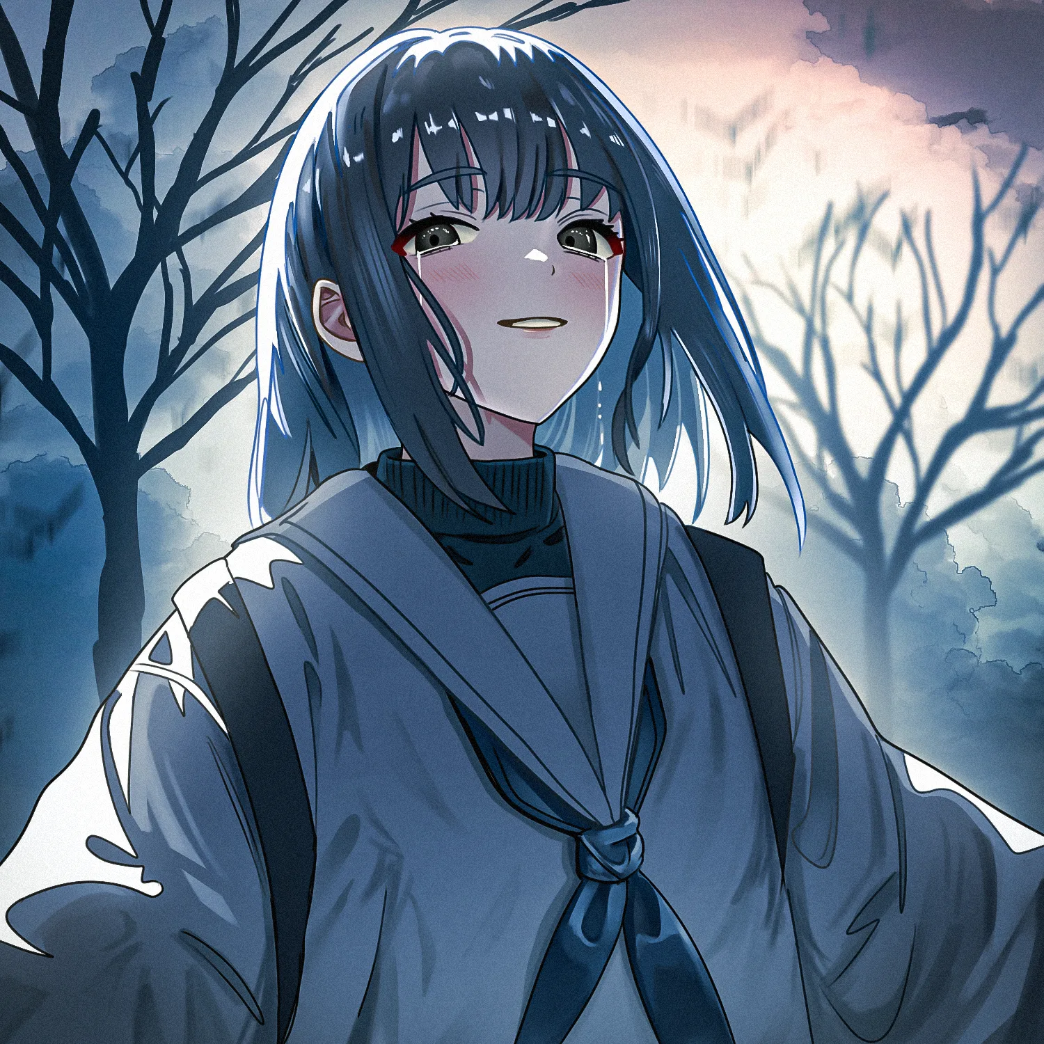 画面いっぱいに描かれている一人の少女が、涙を流しながらこちらに別れの言葉を告げている絵。